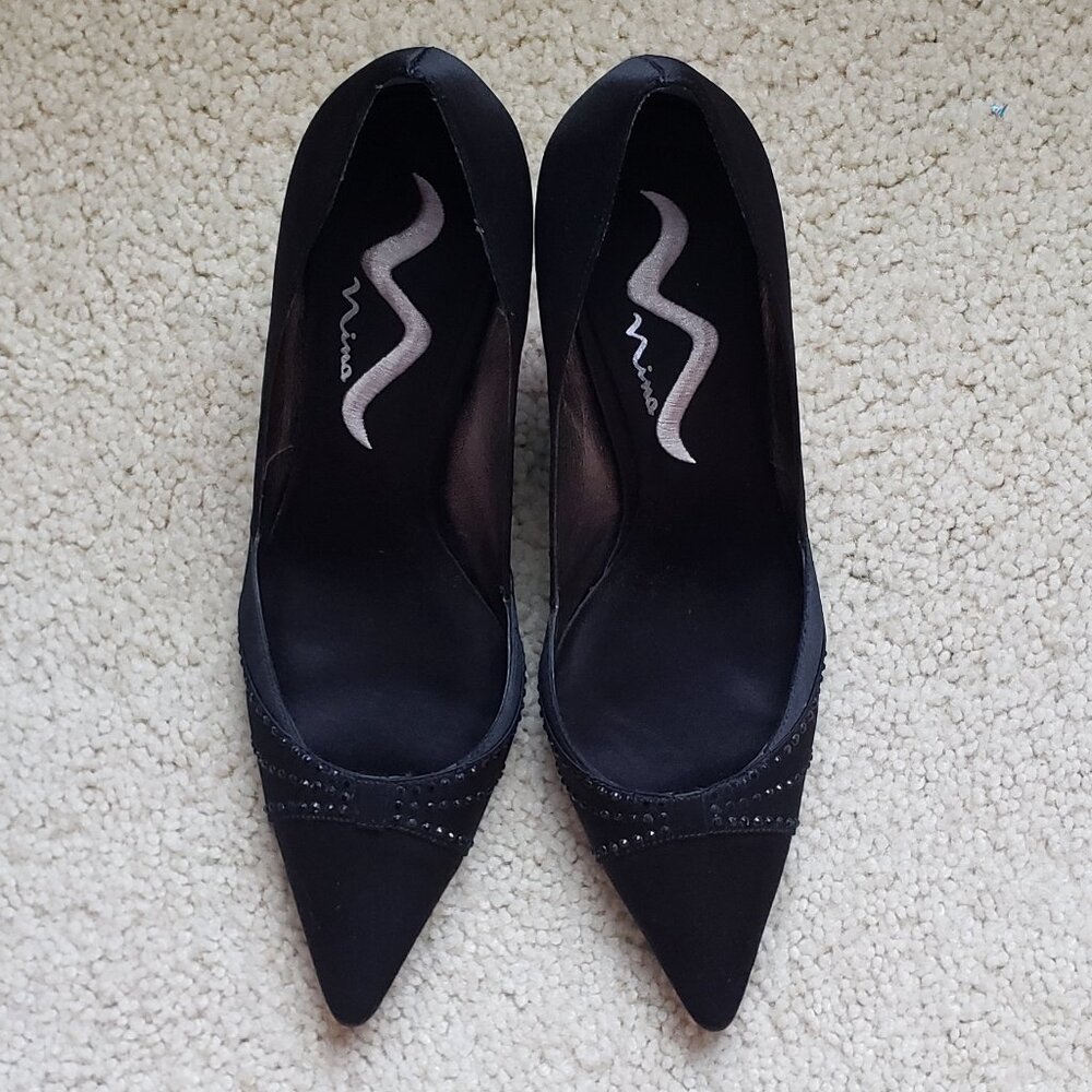 Nina black satin pumps with rhinestones